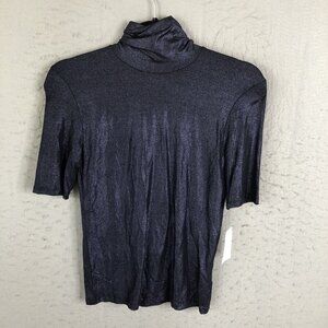 Majestic Filatures 2 Top Womens Small Blue Metallic Fitted Turtle Neck Disco NEW